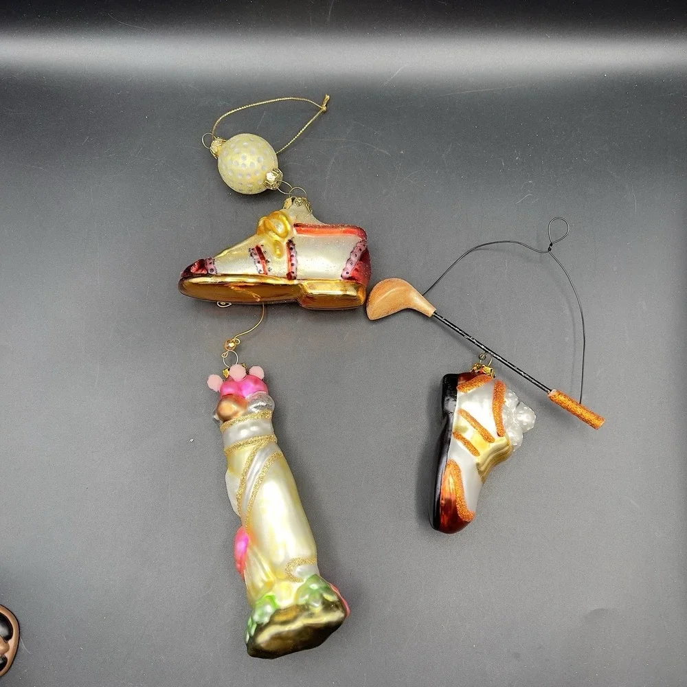Blown Glass Golf Shoe Club Bag & Ball Ornaments Christmas Set of 3 - 1 Repair